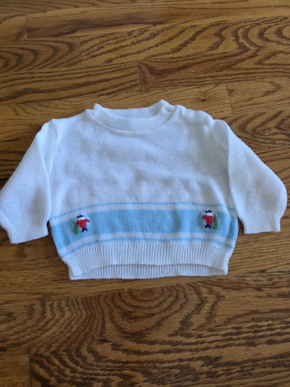 Vintage White Baby Sweater with Light Blue Stripe